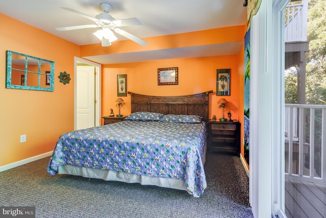 bedroom featuring a ceiling fan, carpet floors, and baseboards