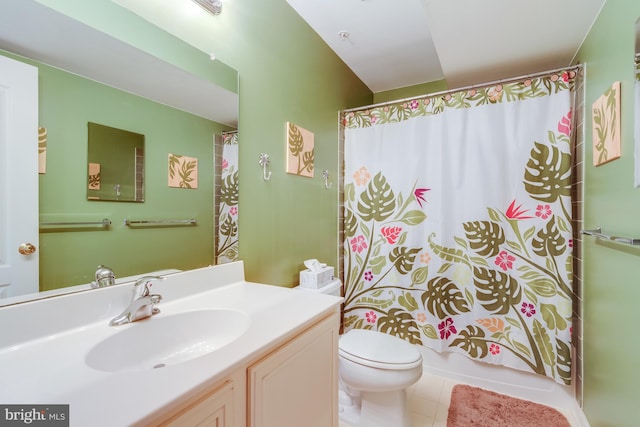 full bath featuring vanity, tile patterned flooring, toilet, and shower / tub combo with curtain