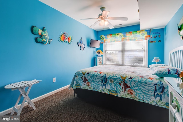 bedroom with carpet, visible vents, ceiling fan, and baseboards