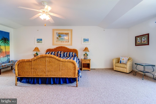 bedroom featuring lofted ceiling, carpet floors, a ceiling fan, and baseboards