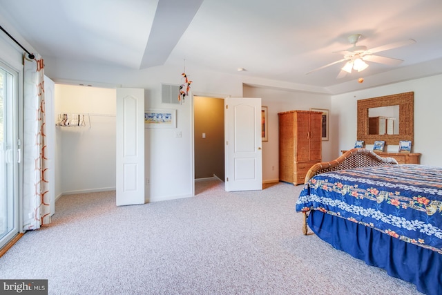 bedroom featuring a ceiling fan, carpet, visible vents, and baseboards