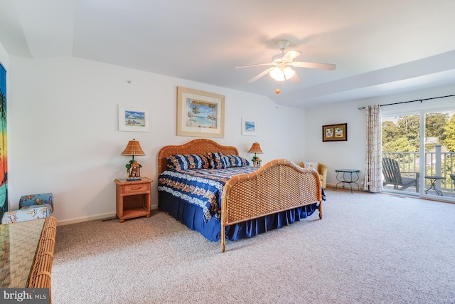 bedroom with access to outside, carpet floors, a ceiling fan, and baseboards