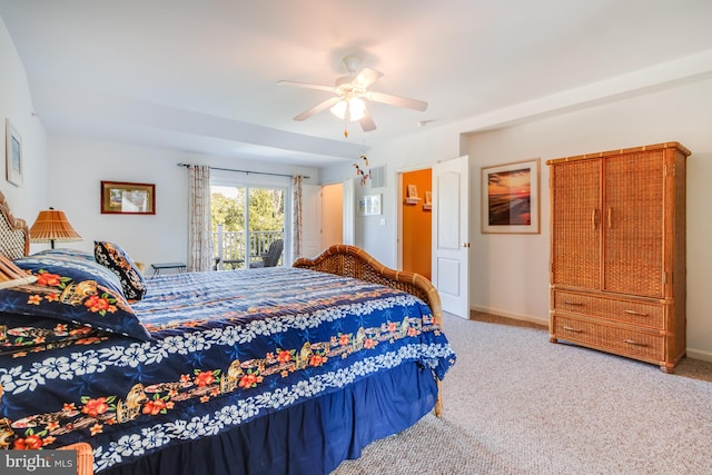 bedroom featuring ceiling fan, access to outside, carpet flooring, and baseboards