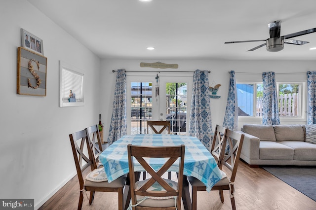 dining room featuring baseboards, recessed lighting, french doors, wood finished floors, and a ceiling fan