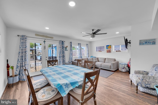 dining area with recessed lighting, light wood-type flooring, and ceiling fan