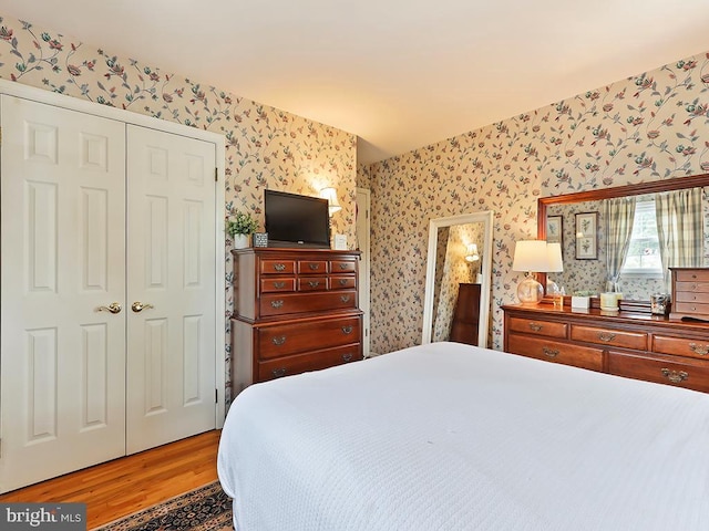 bedroom with a closet and light hardwood / wood-style flooring