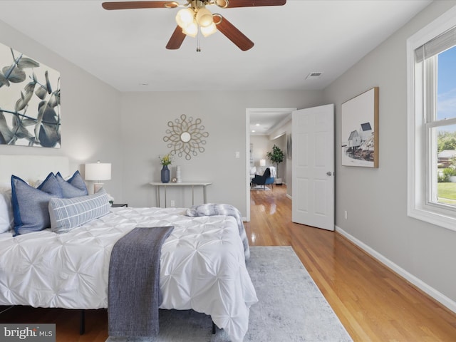 bedroom with ceiling fan and light hardwood / wood-style floors