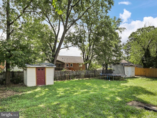 view of yard featuring a storage unit and a trampoline