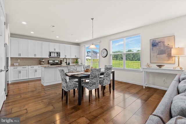 dining space featuring sink and wood-type flooring