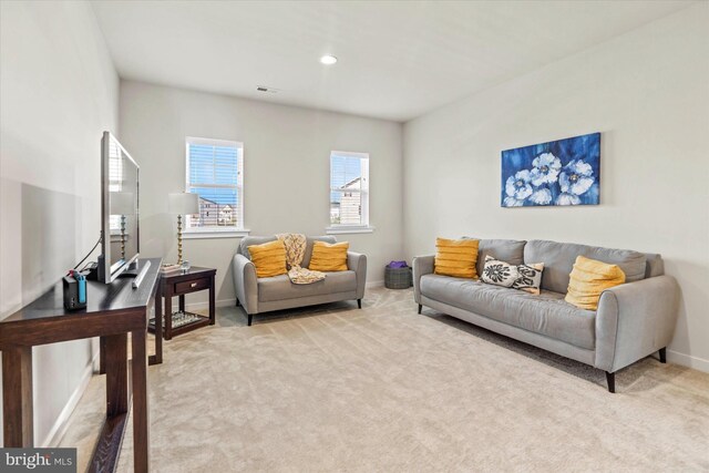 living room featuring light carpet