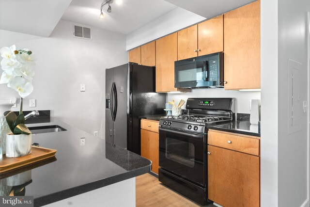 kitchen with light wood-type flooring, track lighting, kitchen peninsula, and sink