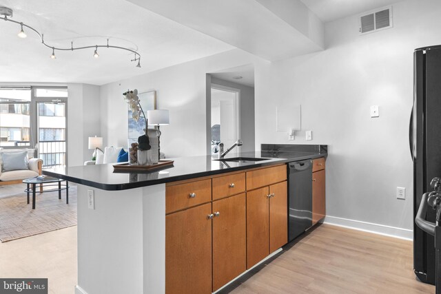 kitchen featuring light wood-type flooring, black appliances, rail lighting, and sink