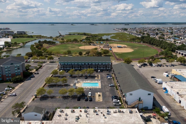 drone / aerial view featuring a water view