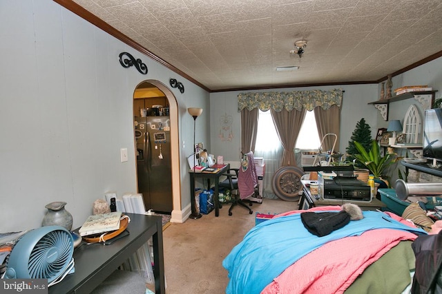 bedroom featuring light colored carpet, stainless steel refrigerator with ice dispenser, and ornamental molding