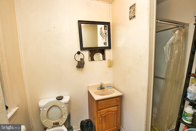 bathroom featuring vanity, toilet, and a shower with curtain