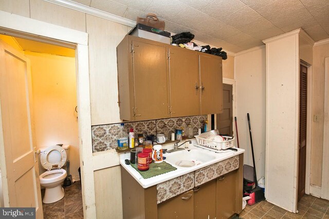 kitchen with decorative backsplash, ornamental molding, and sink