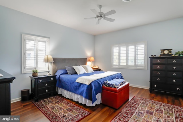 bedroom with dark hardwood / wood-style floors and multiple windows