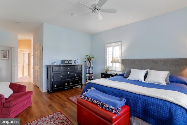 bedroom featuring ceiling fan and dark hardwood / wood-style floors