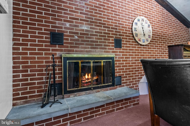 details featuring carpet and a brick fireplace