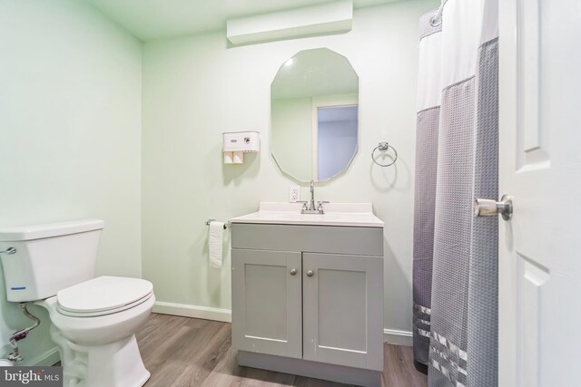 bathroom with vanity, toilet, and wood-type flooring