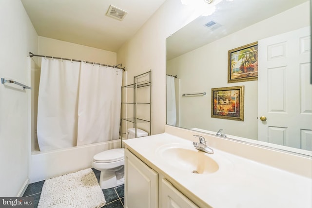 full bathroom featuring tile patterned floors, toilet, shower / tub combo with curtain, and vanity