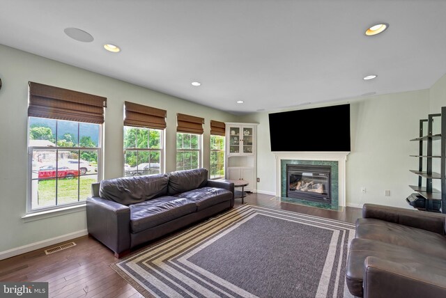 living room with dark wood-type flooring and a premium fireplace