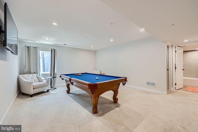 rec room featuring visible vents, light carpet, baseboards, and pool table