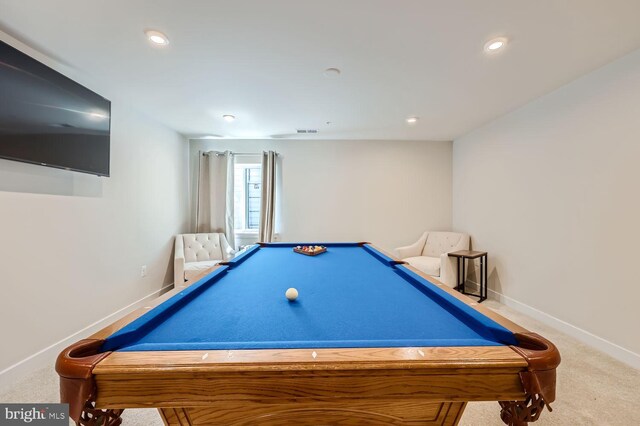 recreation room with baseboards, carpet, recessed lighting, and billiards