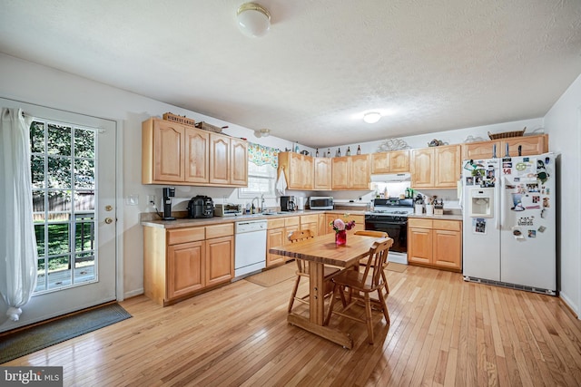 kitchen featuring a textured ceiling, light wood-type flooring, sink, and white appliances