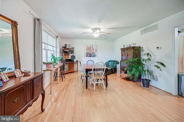 dining room featuring light wood-type flooring and ceiling fan