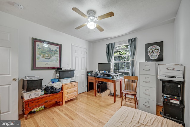 office area with a textured ceiling, ceiling fan, and light hardwood / wood-style floors