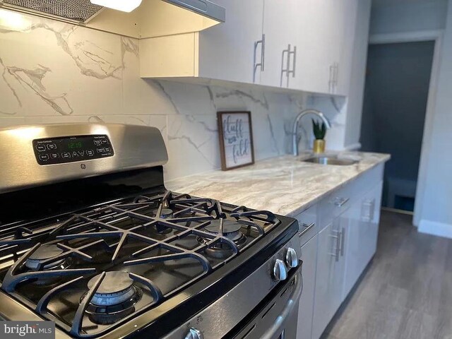 kitchen with stainless steel range with gas cooktop, sink, hardwood / wood-style flooring, and tasteful backsplash