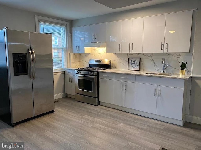 kitchen with light wood finished floors, appliances with stainless steel finishes, a sink, under cabinet range hood, and backsplash