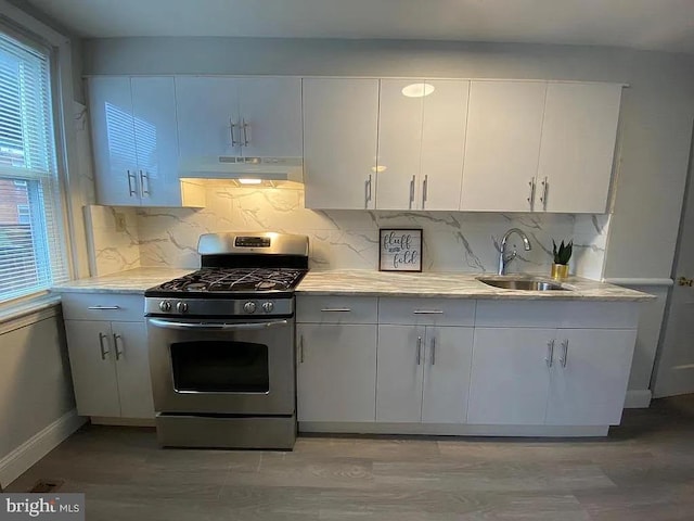 kitchen with tasteful backsplash, stainless steel gas range oven, a sink, and under cabinet range hood