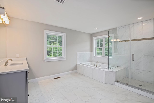 full bath with marble finish floor, visible vents, vanity, a shower stall, and a bath