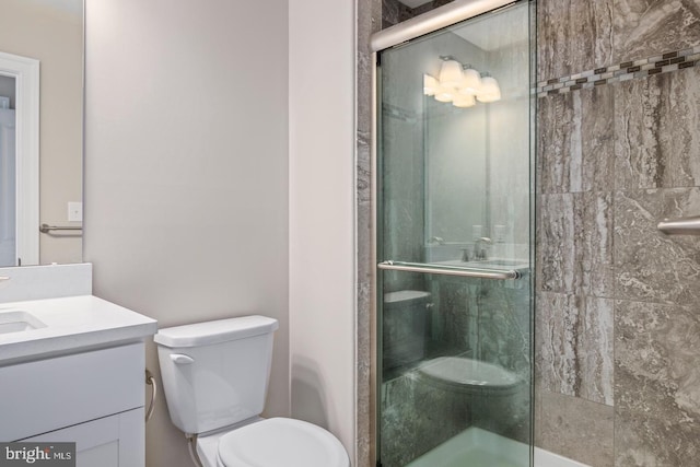 full bathroom featuring vanity, a shower stall, and toilet