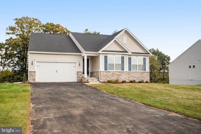 craftsman inspired home with stone siding, an attached garage, driveway, and a front lawn