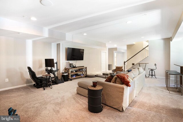 living room featuring light colored carpet