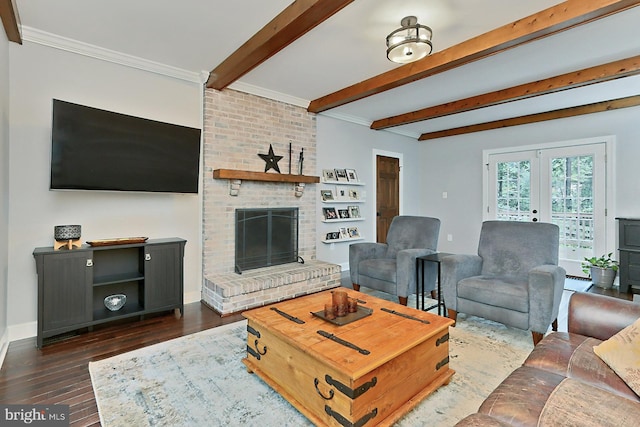 living room featuring crown molding, beam ceiling, dark wood-type flooring, and french doors