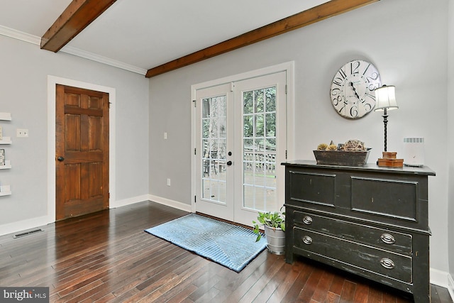 doorway to outside with french doors, beamed ceiling, and dark hardwood / wood-style flooring