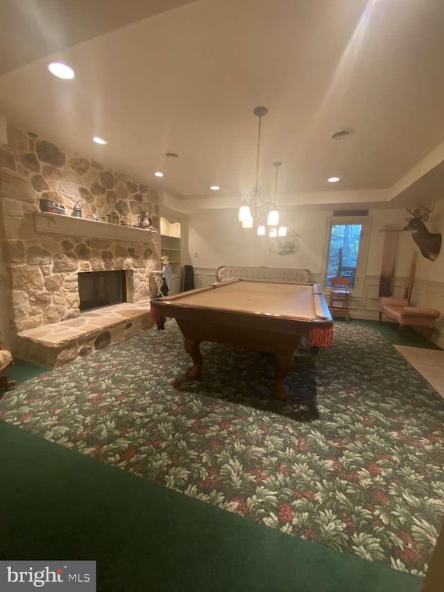 playroom with carpet, a fireplace, and billiards