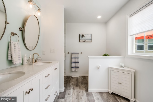 bathroom featuring wood-type flooring and vanity