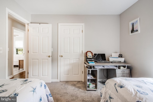 bedroom with light carpet