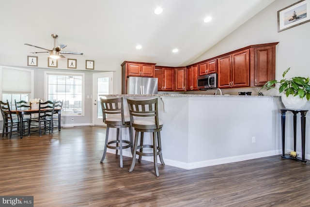 kitchen featuring kitchen peninsula, stainless steel appliances, ceiling fan, and dark hardwood / wood-style floors