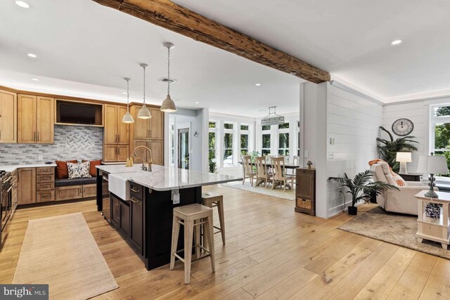 kitchen with light hardwood / wood-style flooring, decorative light fixtures, decorative backsplash, light stone counters, and a kitchen island with sink