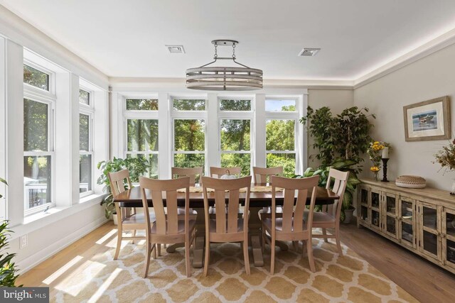 interior space with a healthy amount of sunlight, a chandelier, and light wood-type flooring