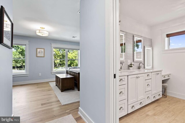 hallway featuring a wealth of natural light, light hardwood / wood-style floors, and sink