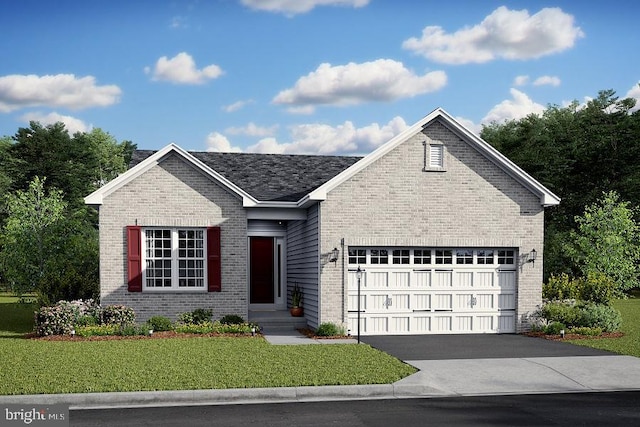 ranch-style house featuring a front yard, brick siding, driveway, and an attached garage