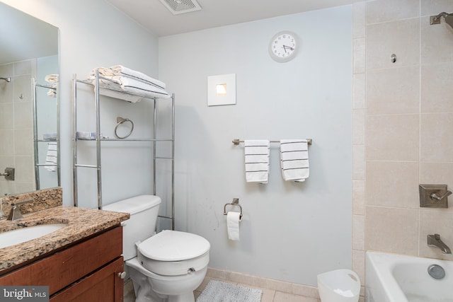 bathroom with visible vents, baseboards, toilet, tile patterned flooring, and vanity