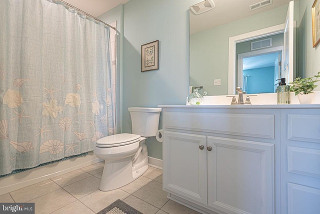 full bathroom with tile patterned flooring, toilet, shower / tub combo, and vanity